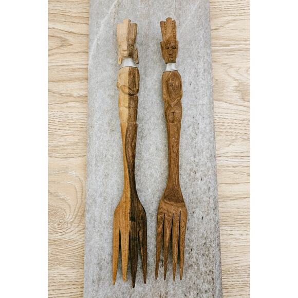 Vintage African Hand Carved Wooden Fork Set  14" Long Lot of 2 - Picture 1 of 4
